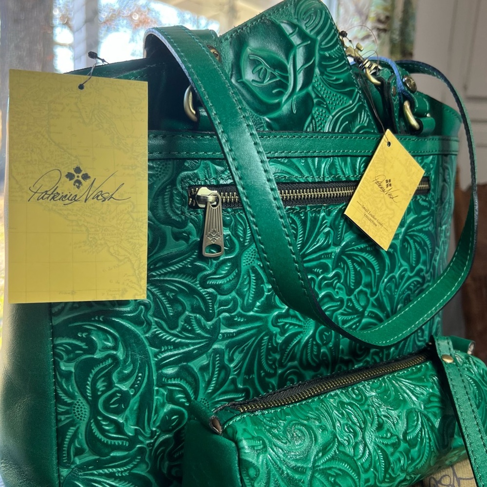 SET: Patricia Nash Poppy, Isla, St. Croche Wallet Wristlet 💯 Leather Soft Green